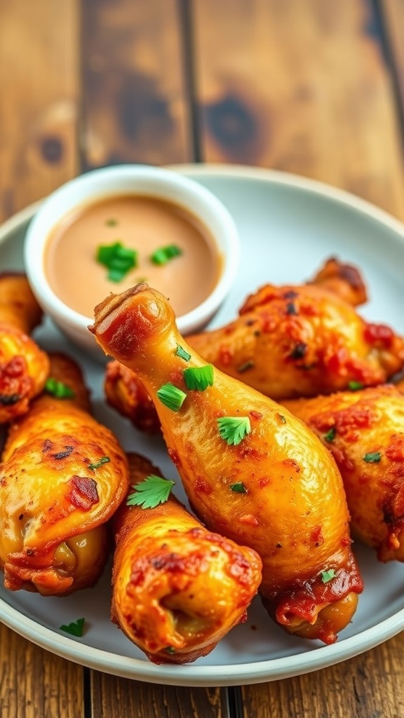 Crispy air fryer chicken drumsticks on a plate, garnished with herbs and served with dipping sauce.